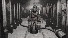 a black and white drawing of a man in a chair with a hose attached to it
