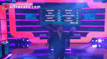 a man stands on a stage in front of a screen that says eltrecetv.com on it