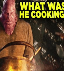 a man with a beard is cooking in a pot with the words " what was he cooking " behind him
