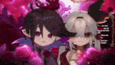 a couple of anime characters are standing next to each other with roses in the background