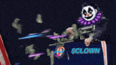 a man in a suit with a clown face on his head stands at a podium with the words $ clown on the bottom
