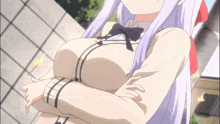 a girl with white hair has her arms crossed and her breasts are visible