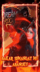 a poster for dream rock shows a woman playing a guitar and a grim reaper behind her