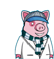a cartoon pig wearing a scarf and hat