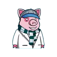 a cartoon pig wearing a scarf and hat