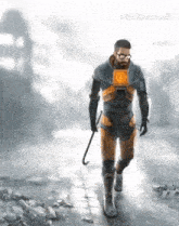 a man in a half life costume is walking down a street holding a crowbar .