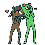 a horse and a frog are standing next to each other with hearts on their eyes .