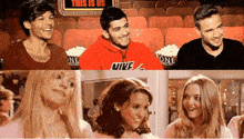 a man in a red nike sweatshirt sits in a theater