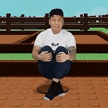 a man is sitting on a stool with his knees crossed in a video game .