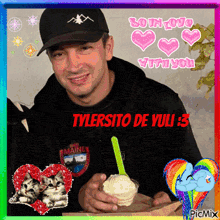 a picture of a man holding an ice cream cone with the name tylersito de yulli written on it