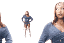 a woman in a blue sweater is standing next to another woman in shorts