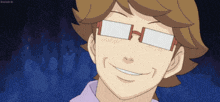 a cartoon character wearing glasses and smiling with a crowd in the background