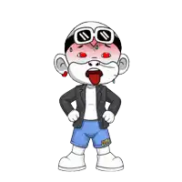 a cartoon character is wearing a jacket and shorts with the word zhou on the side