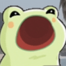a frog with its mouth open and a red circle in the middle of its mouth .