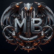 a metal emblem with the letter mb and a dragon