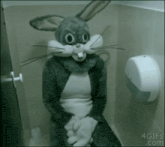 a person dressed in a bunny costume sits on a toilet