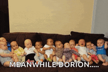 a group of babies are sitting on a couch and the caption says meanwhile dorion