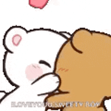 a teddy bear is kissing another teddy bear with hearts on its head .