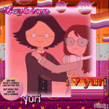 a picture of two girls hugging each other with the words lesbian yuri