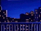 a cartoon drawing of a city with buildings and a yellow surfboard in the background