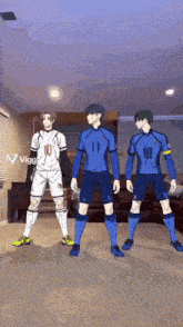 a group of soccer players are standing in a living room and one of them has the number 11 on his jersey