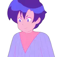 a cartoon drawing of a boy with blue hair and a pink sweater