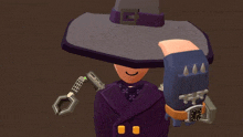 a cartoon character is wearing a purple hat and holding a handcuff