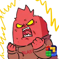 a cartoon drawing of an angry red monster wearing a sweatshirt that says blast