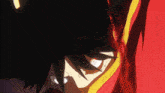a close up of a person 's face with red eyes and black hair