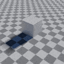a cube is sitting on a checkered floor with a shadow on it .