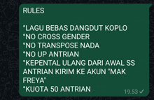 a green text message with the words rules on it