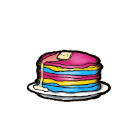 a cartoon drawing of a stack of pancakes with a piece missing on a plate .