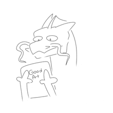 a black and white drawing of a cat holding a piece of paper that says `` good art '' .