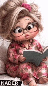 a little girl wearing glasses is reading a book with the name kader on the bottom right