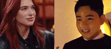 a woman with red hair and a boy with black hair are standing next to each other and smiling .
