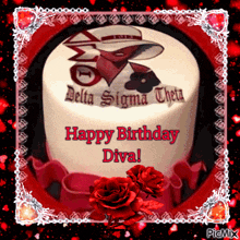 a delta sigma theta birthday cake with red roses in front of it