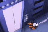 a cartoon character is standing in front of an elevator door