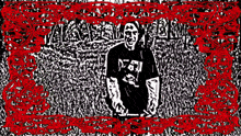 a black and white drawing of a man standing in a field with a red frame around him .