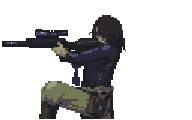 a pixel art of a man kneeling down holding a gun .
