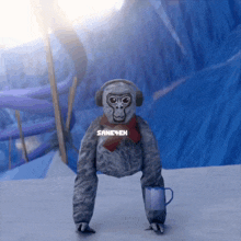 a gorilla wearing headphones and a scarf has the name sane4en on the front