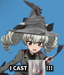 a girl in a witch hat is holding a spatula and says i cast !!!