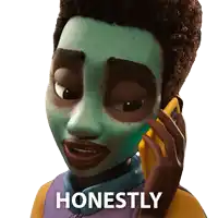 a cartoon character with a green mask on his face is talking on a cell phone with the words honestly below him