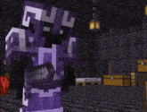 a purple minecraft character is standing in a dark room with the words left the game above him