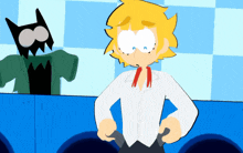 a cartoon of a boy standing in front of a laundromat with a black cat behind him
