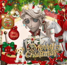 a merry christmas greeting card with a man surrounded by christmas decorations
