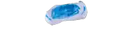 a blue and white sponge is floating in the air