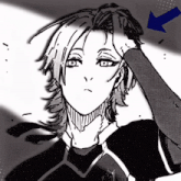 a black and white drawing of a boy with a blue arrow pointing to the right