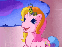 a cartoon pony with a green caterpillar on her head