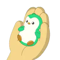 a hand is holding a green and white penguin