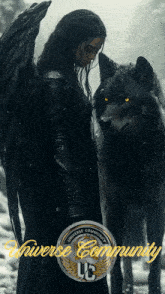 a woman with wings is standing next to a black wolf with the words universe community written below her